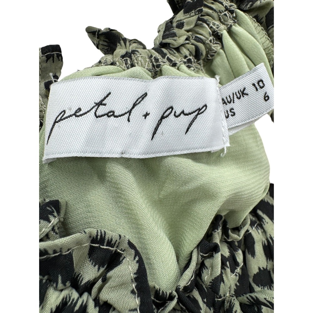 Petal & Pup Womens Olive Green Leopard Pattern Ruffle Off Shoulder Midi Dress 6 - Picture 3 of 6